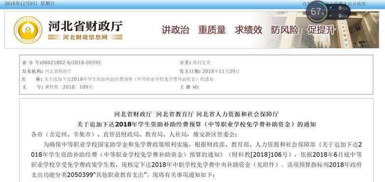 好消息！免学费补助资金来啦！涉及河北13市+雄安新区