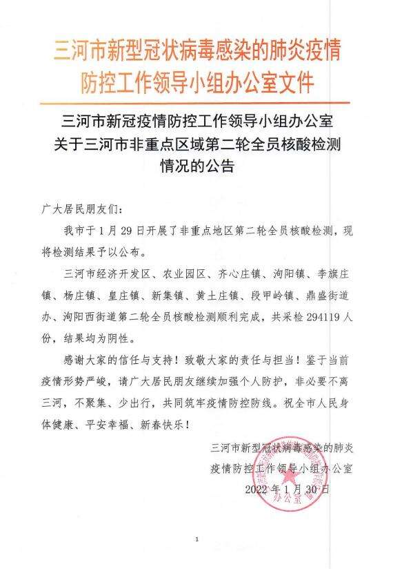 河北三河市非重点区域第二轮全员核酸检测结果均为阴性