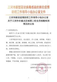 河北三河市非重点区域第二轮全员核酸检测结果均为阴性