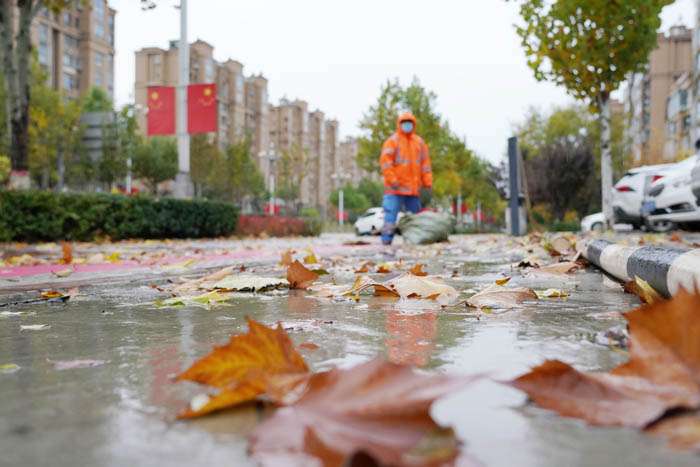 唐山开平区：冬雨过后扫叶忙
